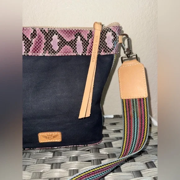 Consuela Crossbody Bag – Pink Python Print & Black Canvas with Rainbow Strap - Picture 16 of 17